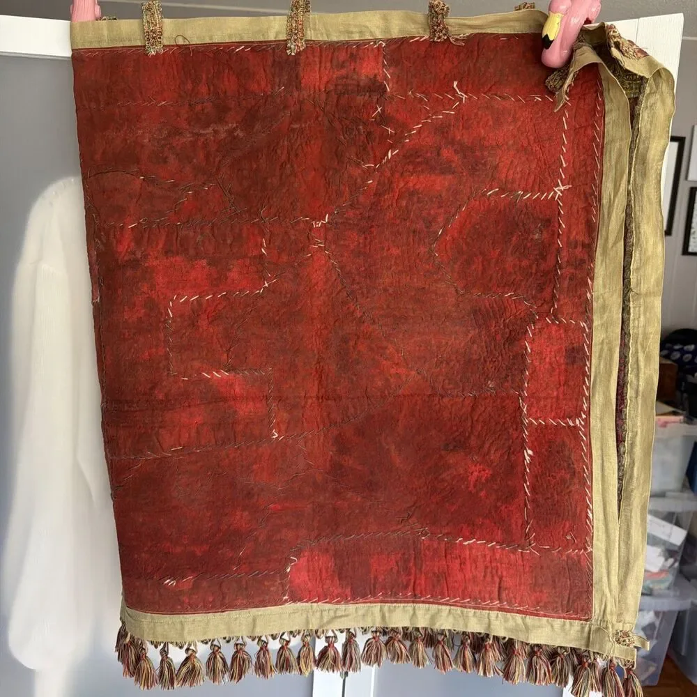 Vtg Indian Sari Patchwork Tapestry Wall Hanging Embroidered Zari Mirror 47x25